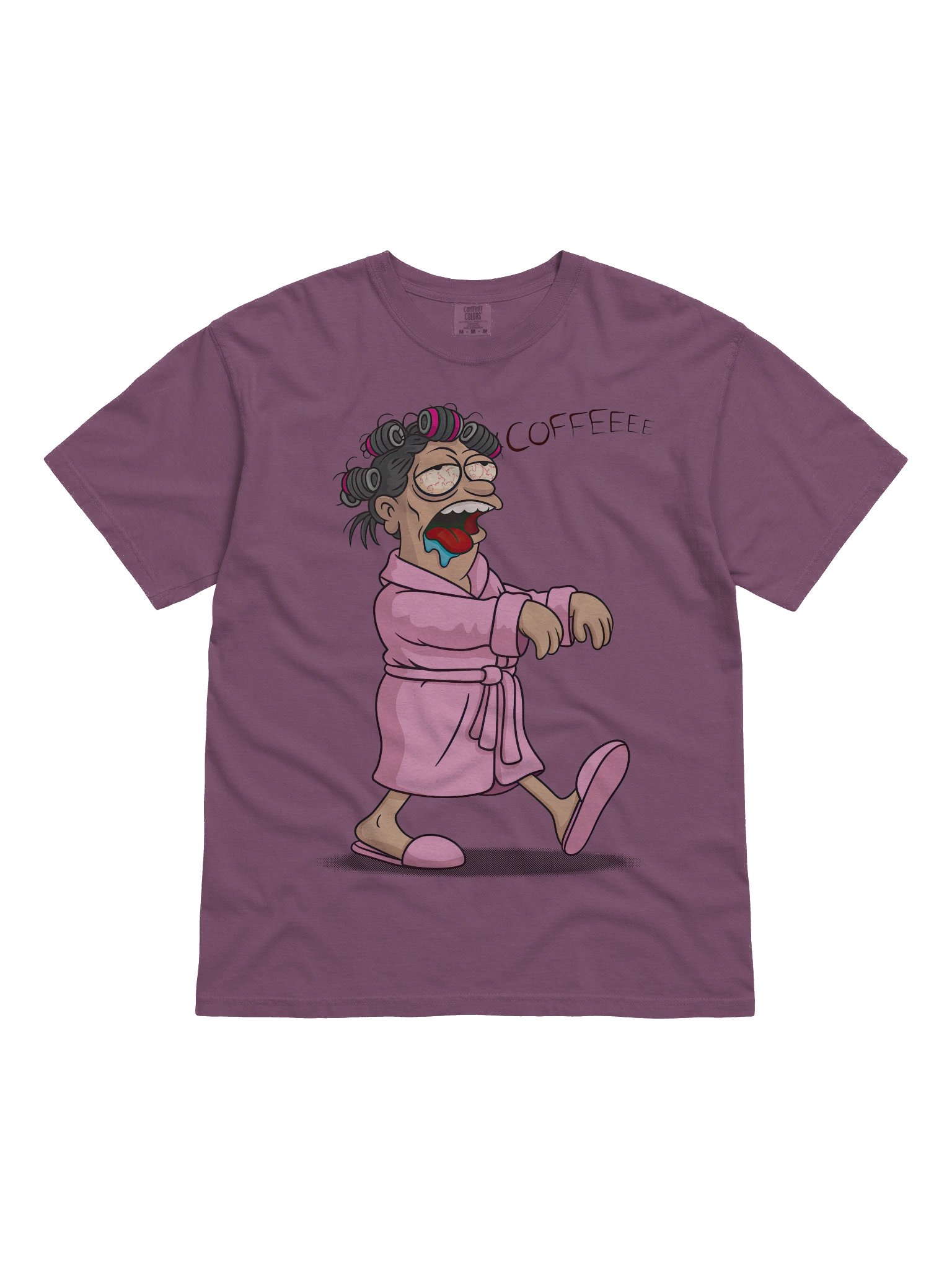 Lady Coffee Zombie t-shirt — woman in robe and curlers zombie-walking and groaning for COFFEE