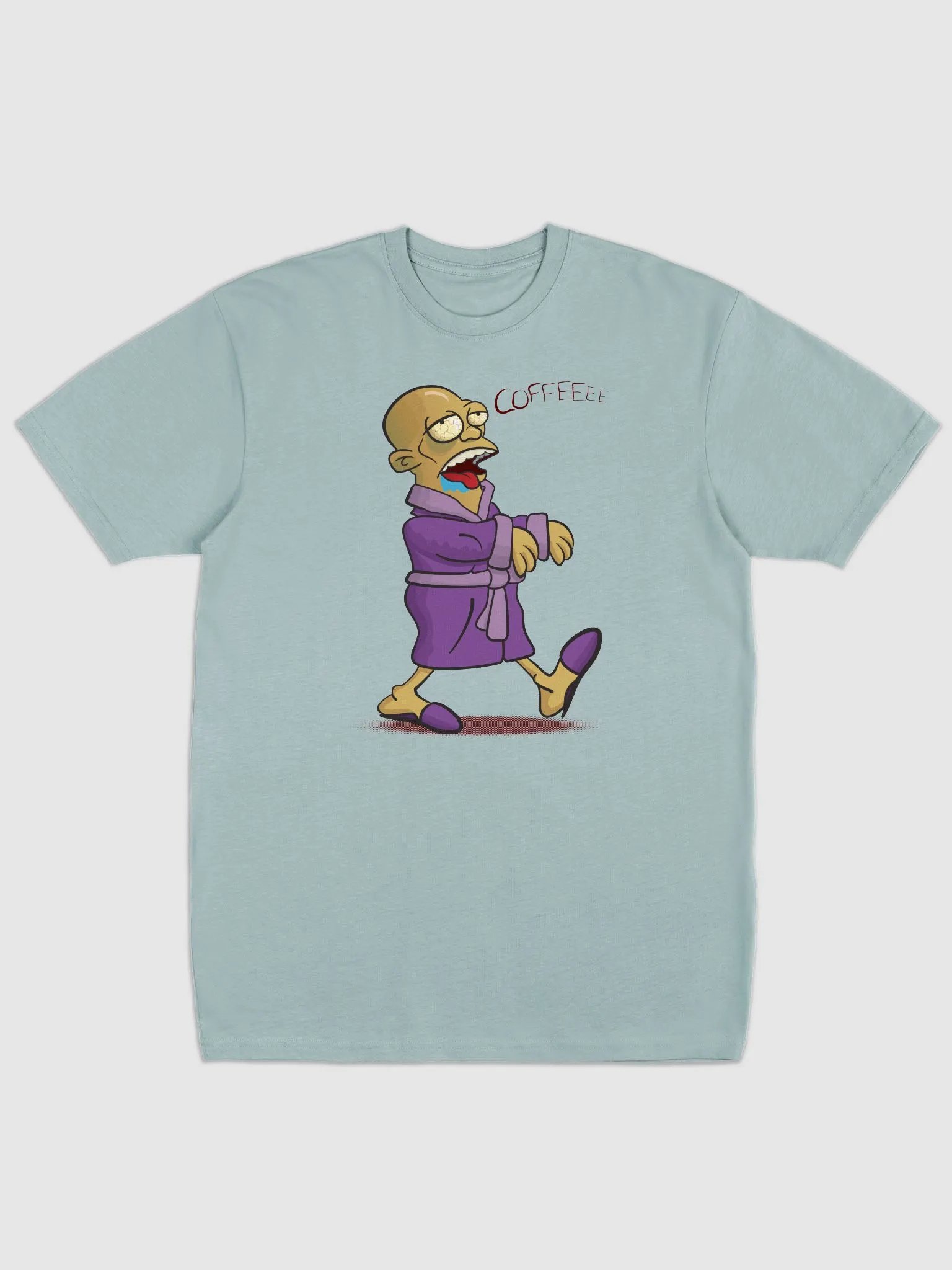 Zombie Coffee Craving t-shirt — bathrobe zombie groaning for COFFEE